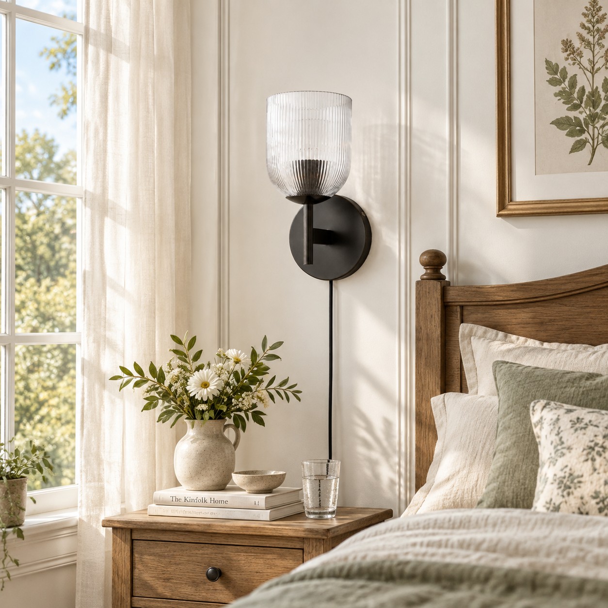 Black ribbed-glass sconce in a bright bedroom